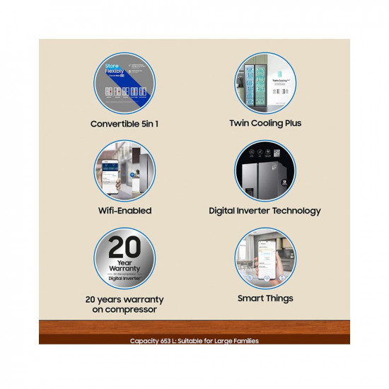 Samsung 653 L Frost Free Convertible 5In1 Digital Inverter Wi-Fi Enabled Side by Side Refrigerator (RS76CG8003S9HL, Refined Inox)