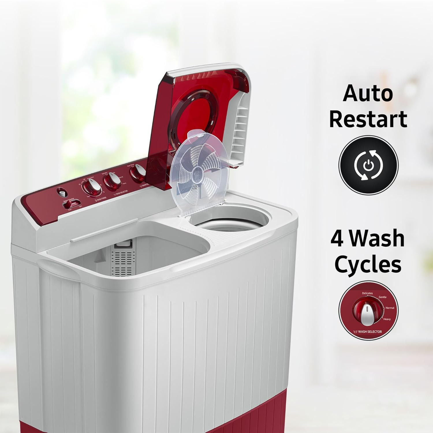 Samsung 75 Kg Inverter 5 Star Semi Automatic Top Load Washing Machine WT75B3200RRTL Light Grey  Red Base Air turbo drying