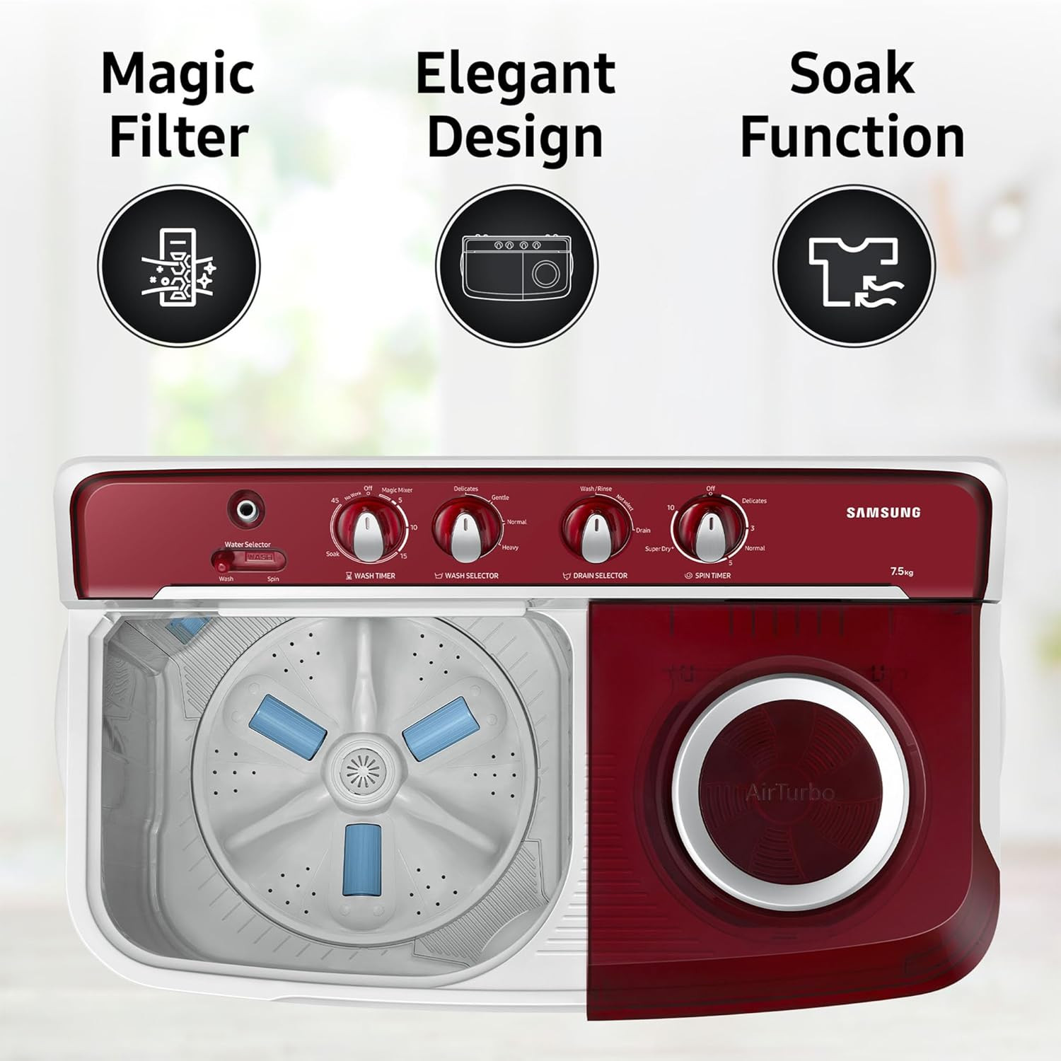 Samsung 75 Kg Inverter 5 Star Semi Automatic Top Load Washing Machine WT75B3200RRTL Light Grey  Red Base Air turbo drying