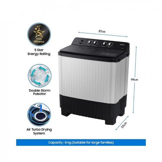 Samsung 8 kg, 5 Star, Hexa Storm Pulsator, Soft Closing Door and Toughened Glass Lid Semi-Automatic Top Load Washing Machine (WT80B3560GY/TL, LIGHT GRAY)