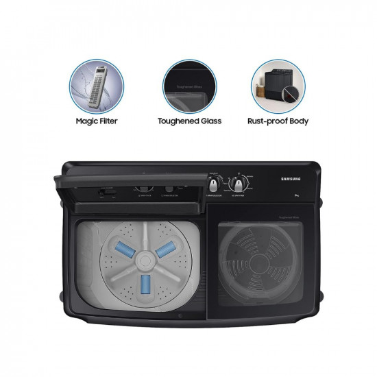 Samsung 8 kg, 5 Star, Hexa Storm Pulsator, Soft Closing Door and Toughened Glass Lid Semi-Automatic Top Load Washing Machine (WT80B3560GY/TL, LIGHT GRAY)