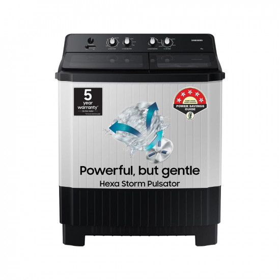 Samsung 8 kg, 5 Star, Hexa Storm Pulsator, Soft Closing Door and Toughened Glass Lid Semi-Automatic Top Load Washing Machine (WT80B3560GY/TL, LIGHT GRAY)