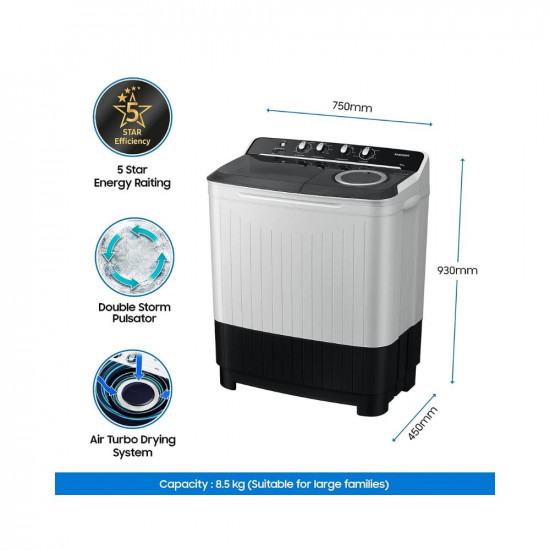 Samsung 8.5 kg, 5 star, Semi-Automatic Washing Machine (WT85B4200GG/TL, Air Turbo Drying, LIGHT GRAY)