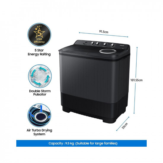Samsung 9.5 kg, 5 Star, Semi-Automatic Washing Machine (WT95A4260GD/TL, Air Turbo Drying, Dark Gray)