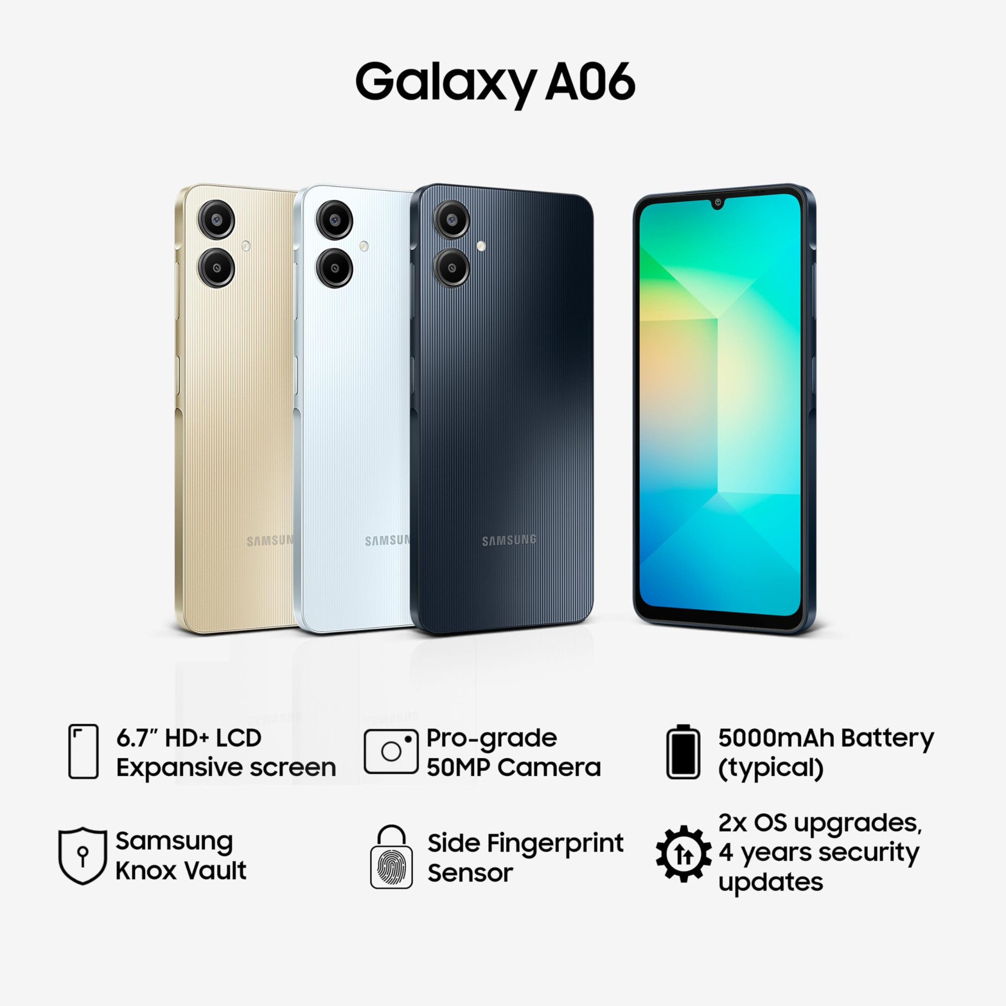 Samsung Galaxy A06 Black 4GB RAM 64GB Storage 50 MP Main Camera Upto 8GB RAM with RAM Plus MediaTek Helio G85 5000 mAh Battery Knox Vault Security  Privacy Fingerprint Sensor