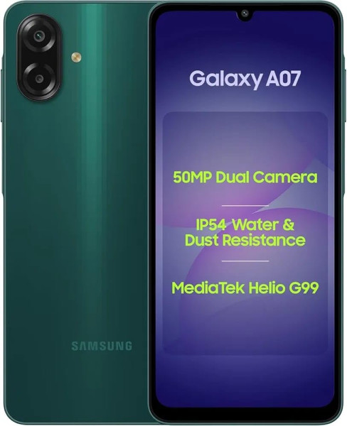 Image of Samsung Galaxy A07 LTE (Green, 4GB RAM, 64GB Storage) | 50MP Dual Camera | 6.7 Inch HD+ Display | 90Hz Refresh Rate | MediaTek Helio G99 (6nm) | IP54 | 6 Gen OS Upgrade and Security Update