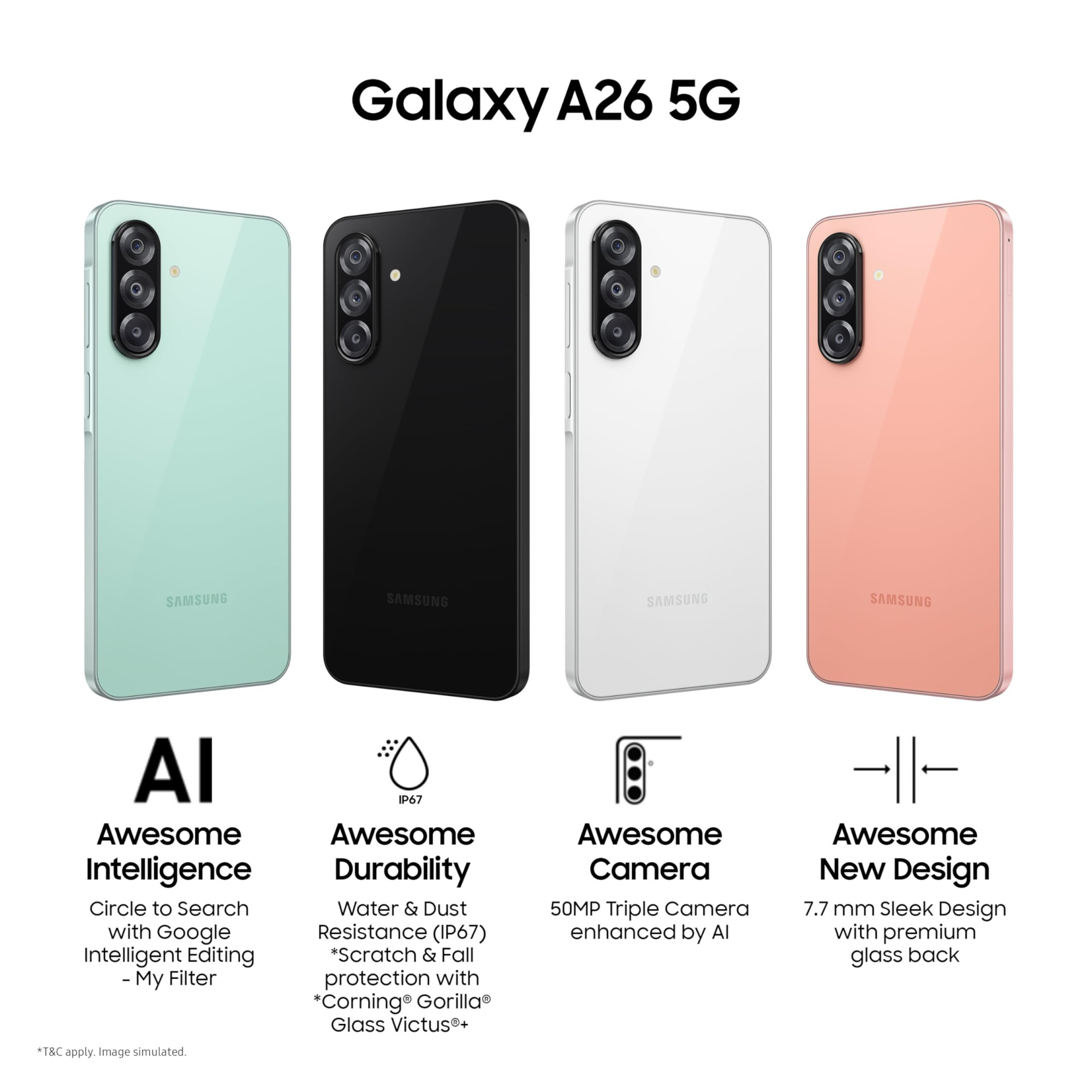 Samsung Galaxy A26 5G Awesome Mint 8GB 128GB  Awesome Intelligence AI  Circle to Search  Gemini Live  FHD sAMOLED Display  50MP OIS Camera  IP67 Rated
