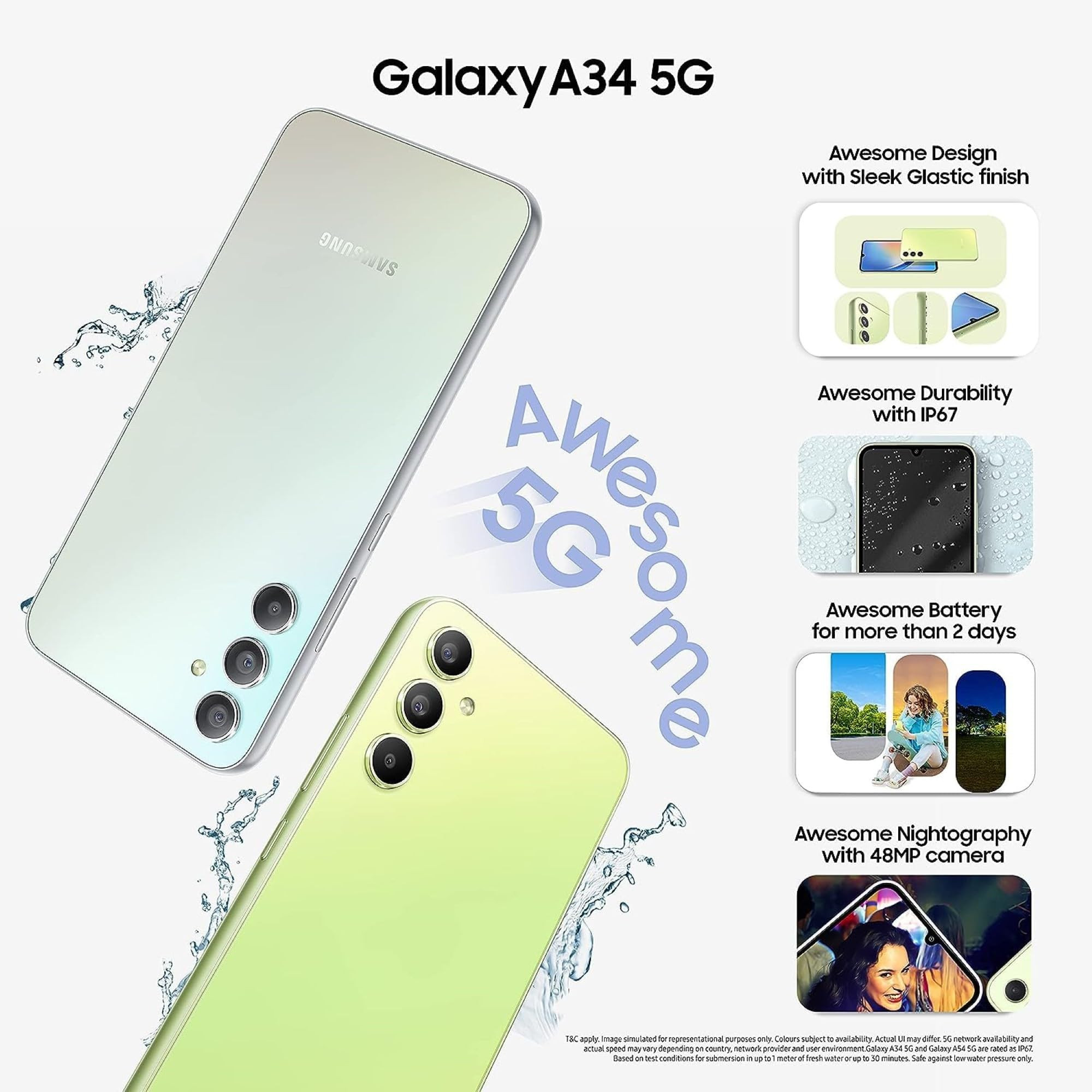 Samsung Galaxy A34 5G Awesome Lime 8GB 128GB Storage  48 MP No Shake Cam OIS  IP67  Gorilla Glass 5  Voice Focus  Without Charger