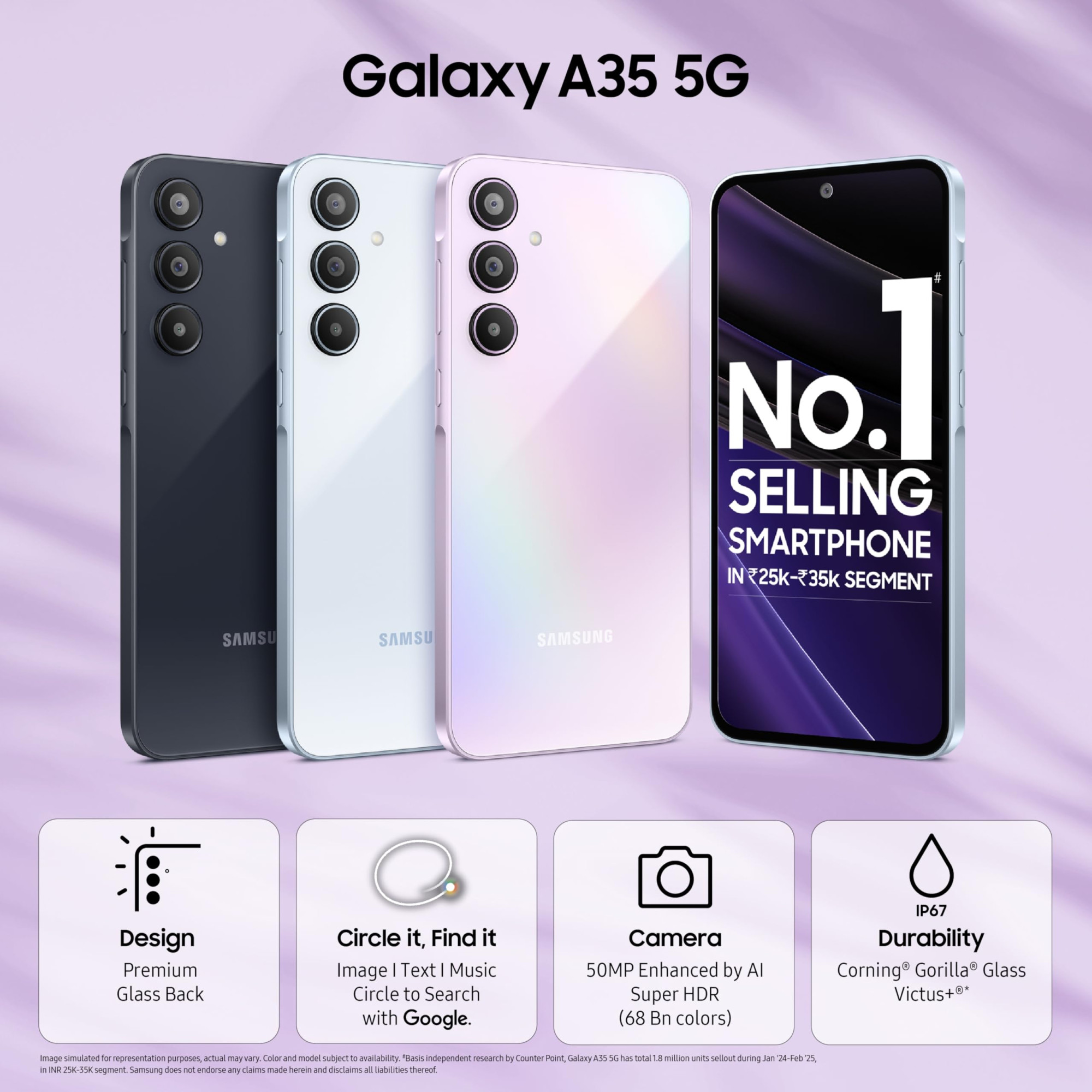 Samsung Galaxy A35 5G Awesome Iceblue 8GB RAM 256GB Storage  Premium Glass Back  50 MP Main Camera OIS  Nightography  IP67  Corning Gorilla Glass Victus  sAMOLED with Vision Booster