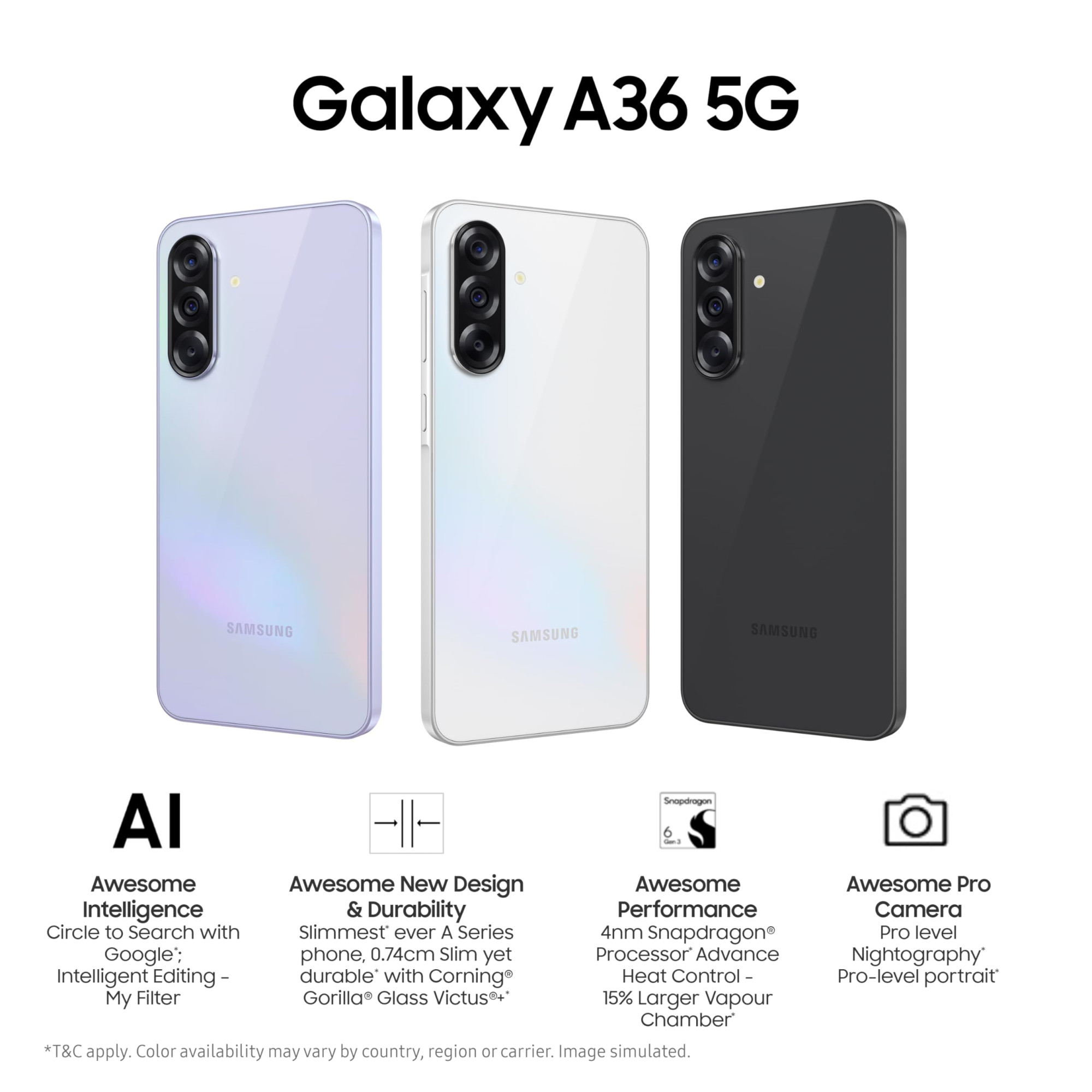 Samsung Galaxy A36 5G Awesome Lavender 12GB 256GB  Gemini Live  Awesome Intelligence AI Circle to Search My Filter Object Eraser  4nm Snapdragon Processor  Flagship Grade Camera
