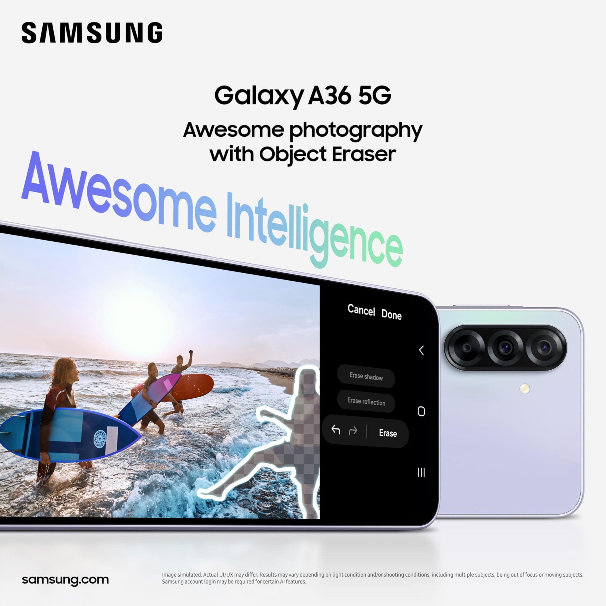 Samsung Galaxy A36 5G Awesome Lavender 8GB 128GB  Gemini Live  Awesome Intelligence AI Circle to Search My Filter Object Eraser  4nm Snapdragon Processor  Flagship Grade Camera