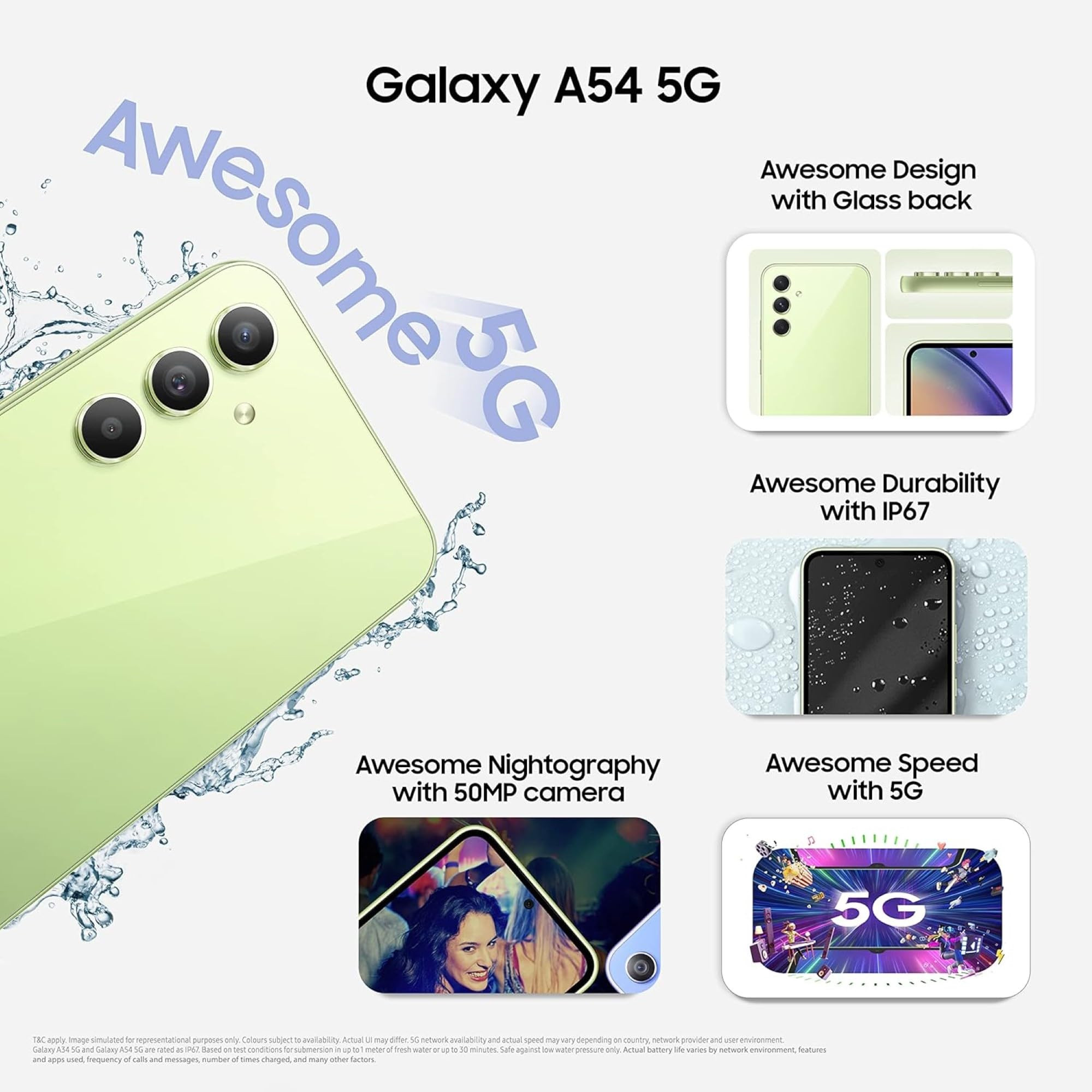Samsung Galaxy A54 5G Awesome Graphite 8GB 128GB Storage  50 MP No Shake Cam OIS  IP67  Gorilla Glass 5  Voice Focus  Without Charger