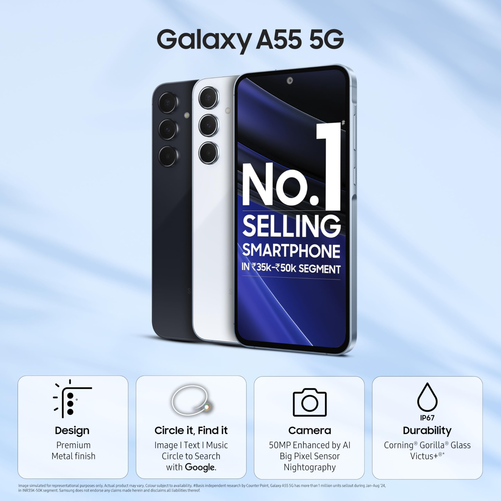 Samsung Galaxy A55 5G Awesome Iceblue 8GB RAM 128GB Storage  AI  Metal Frame  50 MP Main Camera OIS  Super HDR Video Nightography  IP67  Corning Gorilla Glass Victus  sAMOLED Display