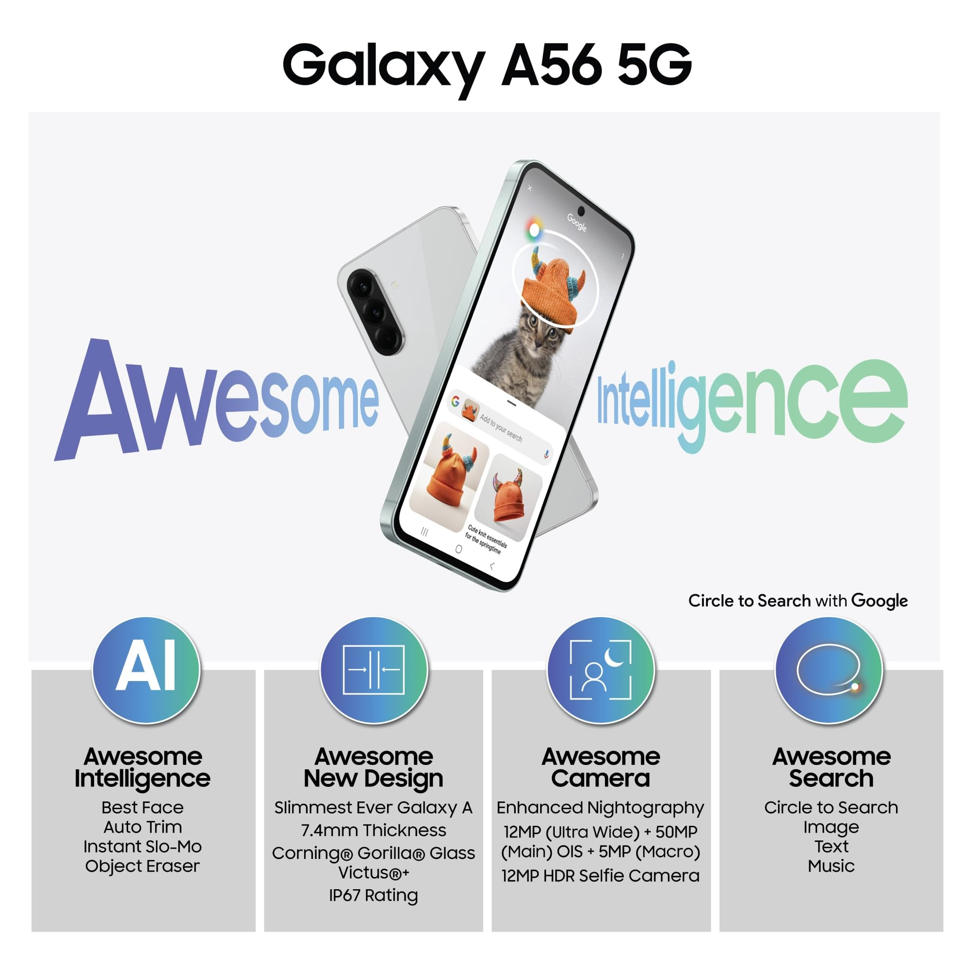 Samsung Galaxy A56 5G Awesome Graphite 12GB 256GB  Metal Frame  Gemini Live  Awesome Intelligence AI Circle to Search Instant Slo-Mo Auto-Trim Object Eraser  Flagship Grade Camera