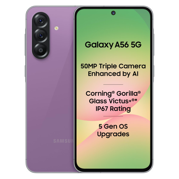 Image of Samsung Galaxy A56 5G (Awesome Violet Glow, 8GB, 128GB) | Segment Most Complete Triple Camera | AI Editing | 4nm Processor | sAMOLED Display| Gorilla Glass Victus+| 5 Gen OS Upgrades