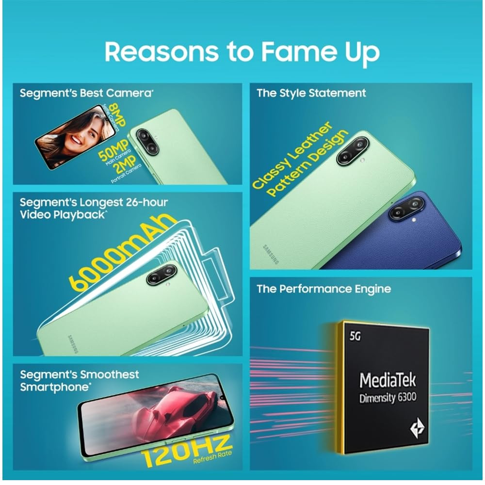Samsung Galaxy F70e 5G Limelight Green 128 GB 6 GB RAM  6000 mAh Battery  Dimensity 6300  Octa Core Processor  674 PLS LCD Display 