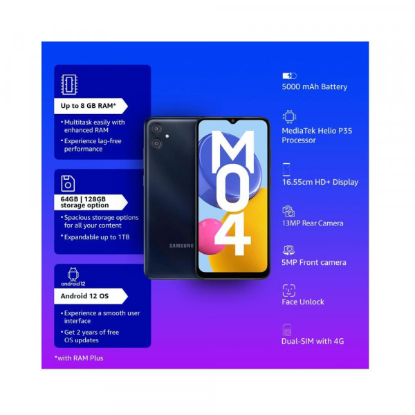 Samsung Galaxy M04 Dark Blue, 4GB RAM, 128GB Storage | Upto 8GB RAM with RAM Plus | MediaTek Helio P35 Octa-core Processor | 5000 mAh Battery | 13MP Dual Camera
