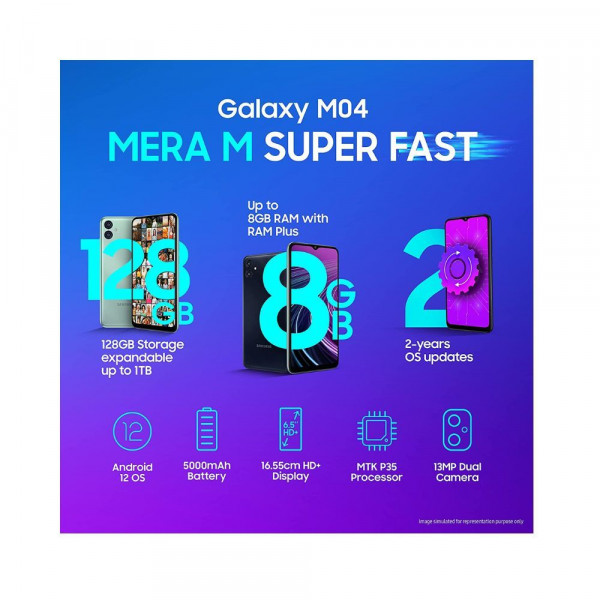 Samsung Galaxy M04 Dark Blue, 4GB RAM, 128GB Storage | Upto 8GB RAM with RAM Plus | MediaTek Helio P35 Octa-core Processor | 5000 mAh Battery | 13MP Dual Camera