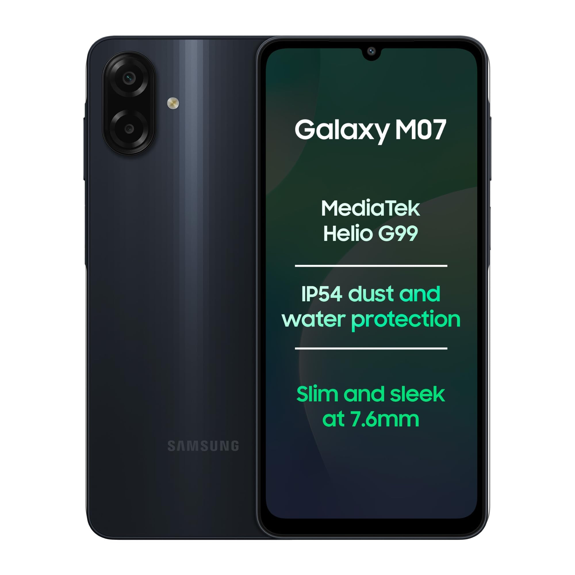 Samsung Galaxy M07 Mobile Black 4GB RAM 64GB Storage  MediaTek Helio G99  AnTuTu 624K  IP54 50MP Camera  76mm Slim  5000mAh Battery  25W Fast Charging  6 Gen OS Upgrades  Without Charger