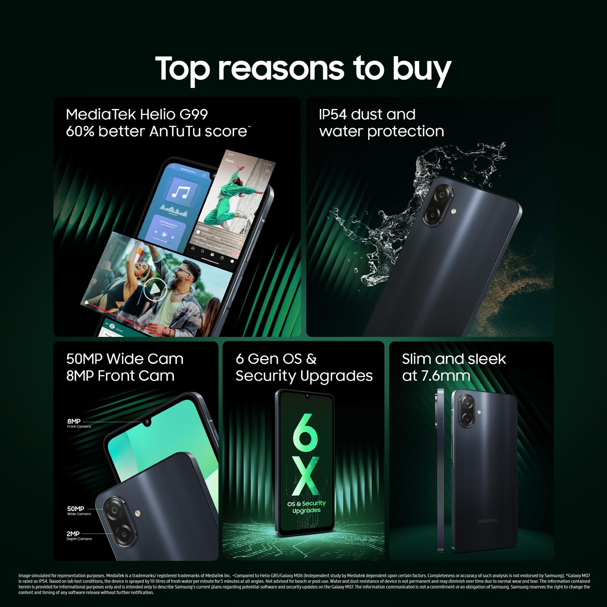 Samsung Galaxy M07 Mobile Black 4GB RAM 64GB Storage  MediaTek Helio G99  AnTuTu 624K  IP54 50MP Camera  76mm Slim  5000mAh Battery  25W Fast Charging  6 Gen OS Upgrades  Without Charger