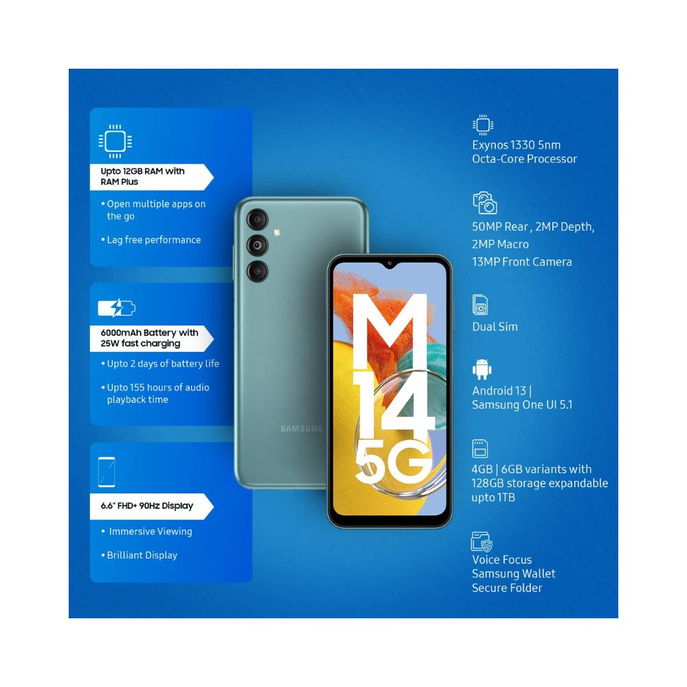 Samsung Galaxy M14 5G (Smoky Teal, 4GB, 128GB Storage)