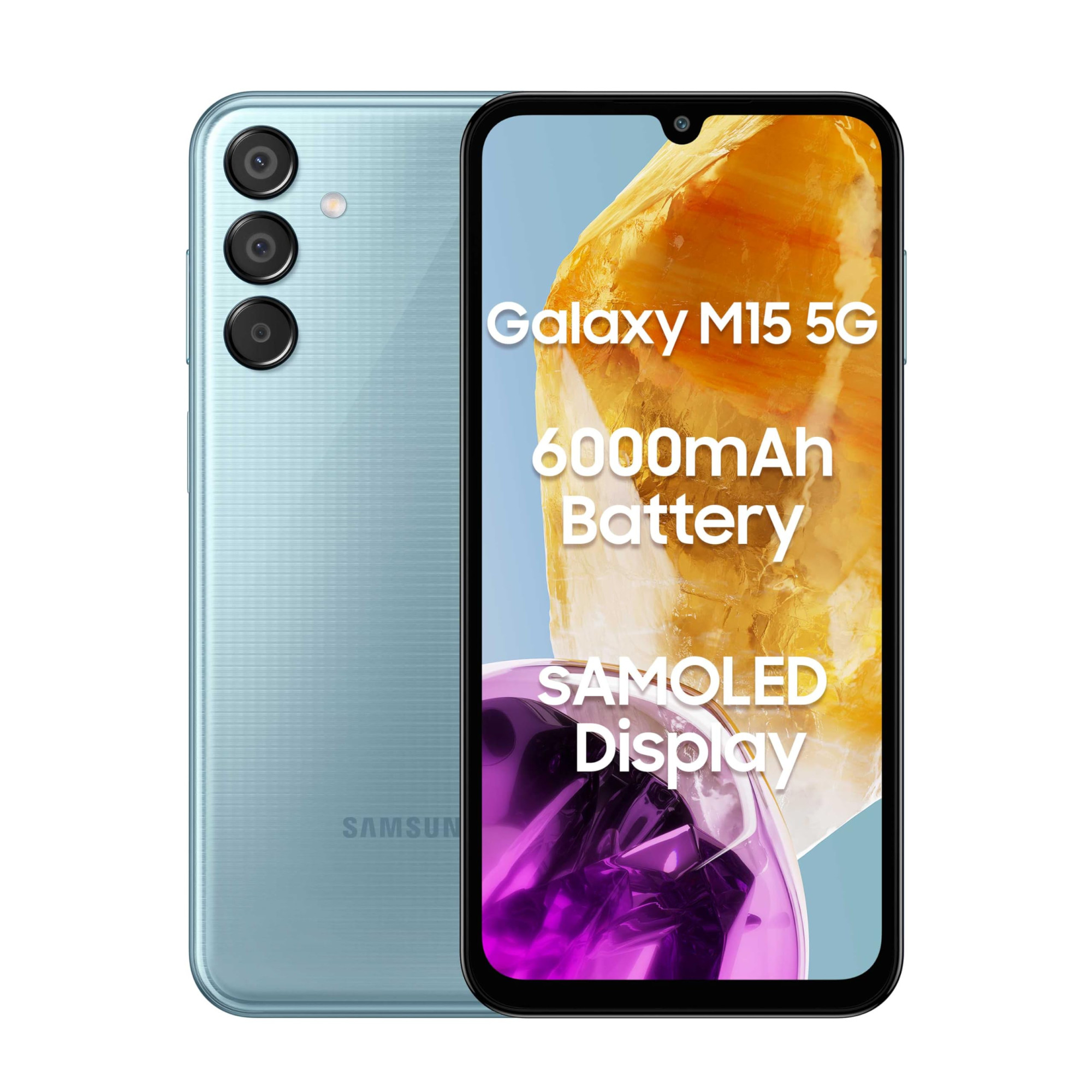 Samsung Galaxy M15 5G Celestial Blue4GB RAM128GB Storage 50MP Triple Cam 6000mAh BatteryMediaTek Dimensity 6100 4 Gen OS Upgrade  5 Year Security UpdateSuper AMOLED DisplayWithout Charger
