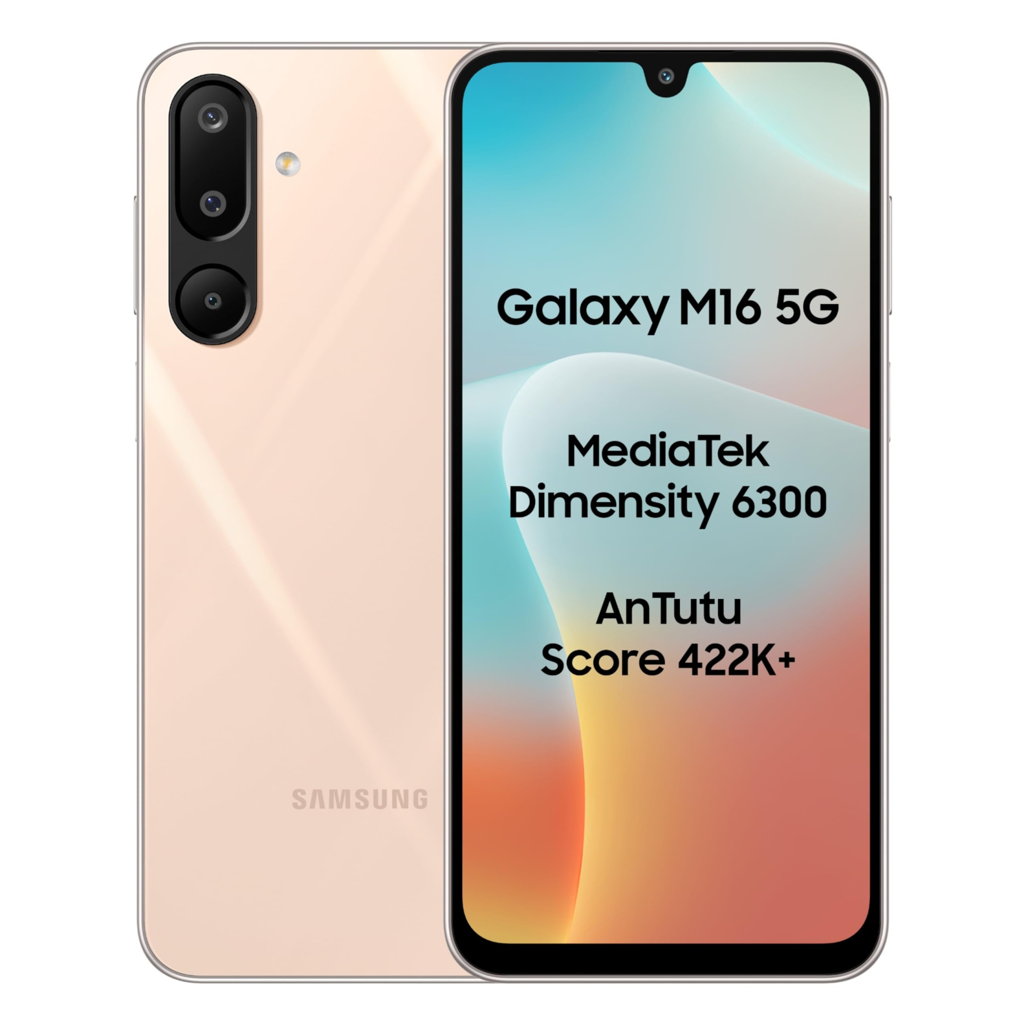 Samsung Galaxy M16 5G Blush Pink 6GB RAM 128 GB Storage  MediaTek Dimensity 6300 AnTuTu Score 422K  Super Amoled Display  25W Fast Charging  6 Gen of OS Upgrades  Without Charger