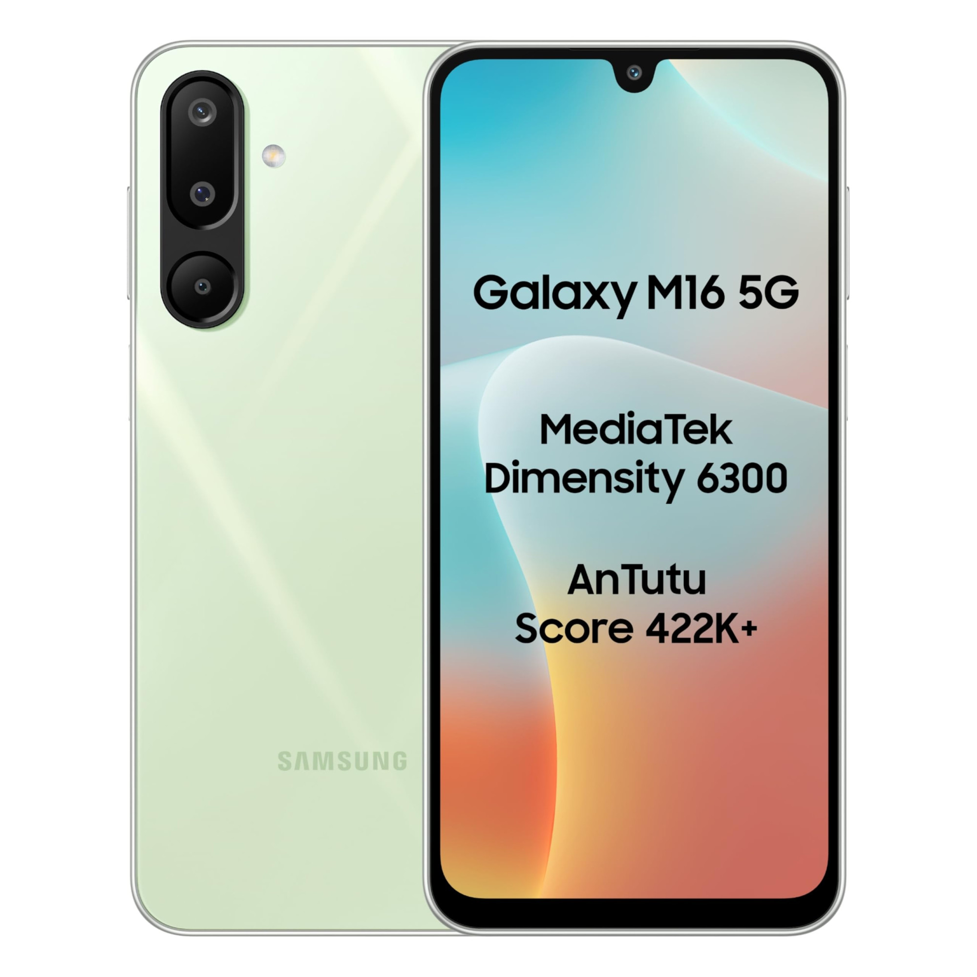 Samsung Galaxy M16 5G Mint Green 6GB RAM 128 GB Storage  MediaTek Dimensity 6300  AnTuTu Score 422K  Super Amoled Display  25W Fast Charging  6 Gen of OS Upgrades  Without Charger