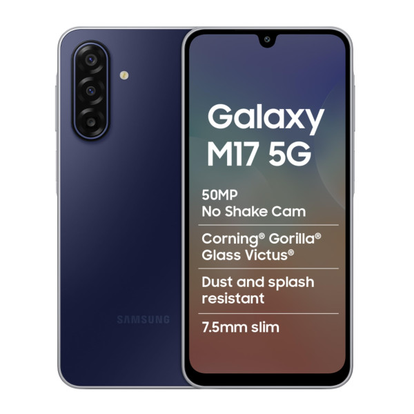 Image of Samsung Galaxy M17 5G Mobile (Sapphire Black, 6GB RAM, 128GB Storage) | 50MP OIS Triple Camera | Gorilla Glass Victus | IP54 | 6 Gen OS Upgrades | AI | Gemini Live | Lag-Free Gaming | Without Charger
