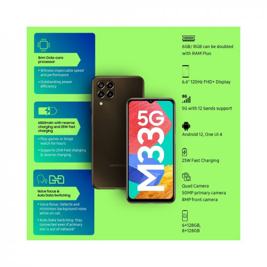 Samsung Galaxy M33 5G (Emerald Brown, 8GB, 128GB Storage) | 6000mAh Battery | 16GB RAM with RAM Plus | Without Charger