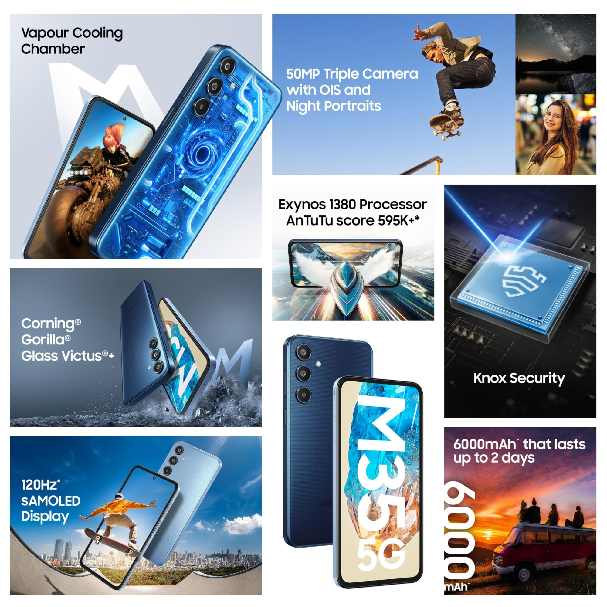 Samsung Galaxy M35 5G Moonlight Blue8GB RAM128GB Storage Corning Gorilla Glass Victus AnTuTu Score 595K  Vapour Cooling Chamber  6000mAh Battery  120Hz Super AMOLED Display Without Charger