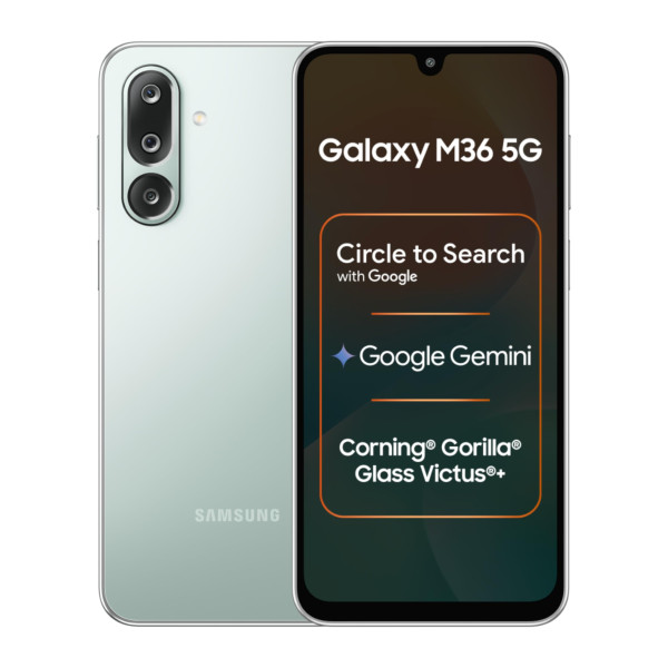 Image of Samsung Galaxy M36 5G Mobile (Serene Green, 6GB RAM, 128GB Storage) | Google Gemini| Gorilla Glass Victus+ | 7.7mm | AI Enhanced 50MP OIS Triple Camera| Nightography| Lag-free Gaming | Without Charger