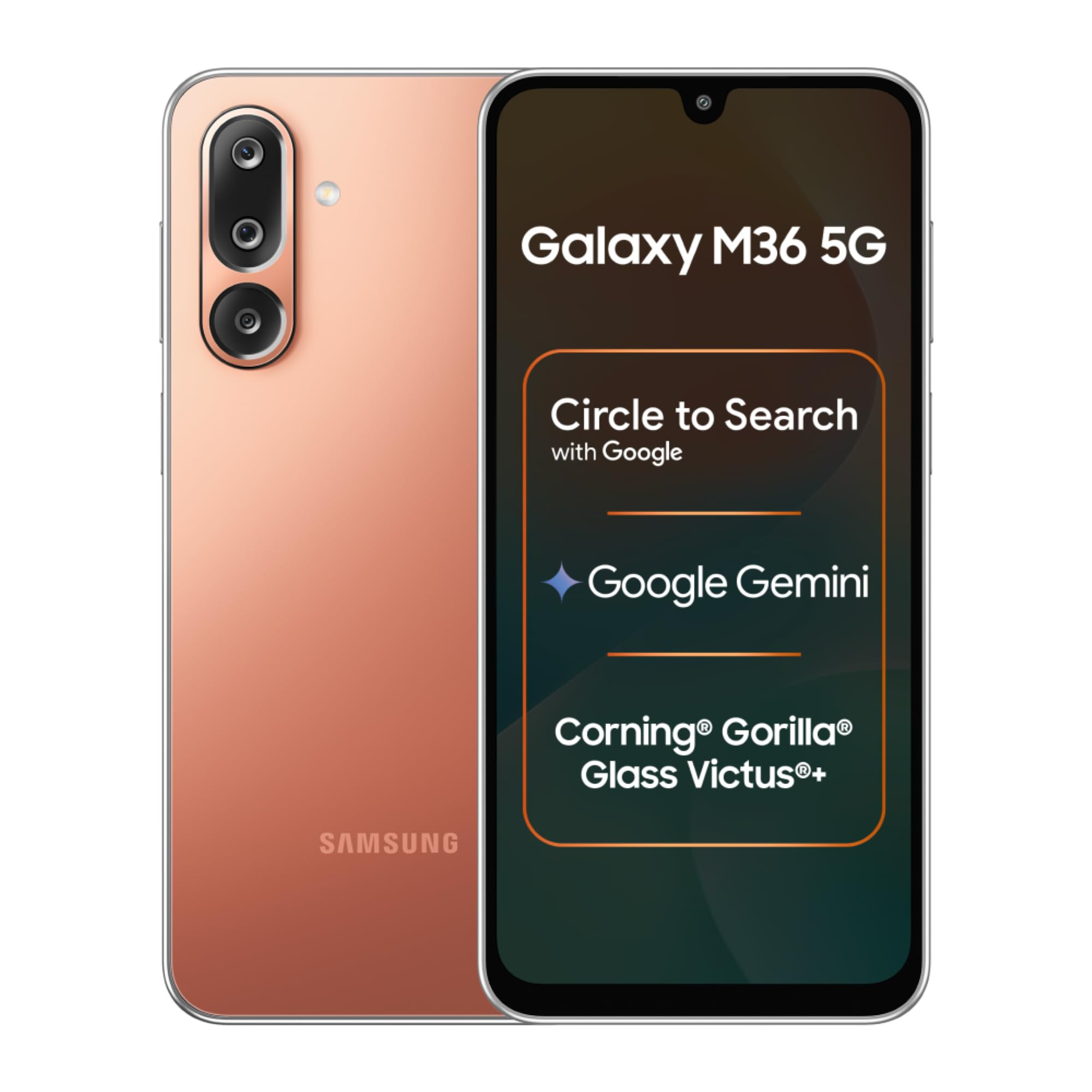 Samsung Galaxy M36 5G Orange Haze 6 GB RAM 128 GB Storage Circle to Search Google Gemini Corning Gorilla Glass Victus 77mm Slim AI Enhanced 50 MP OIS Triple Camera Unmatched Nightography
