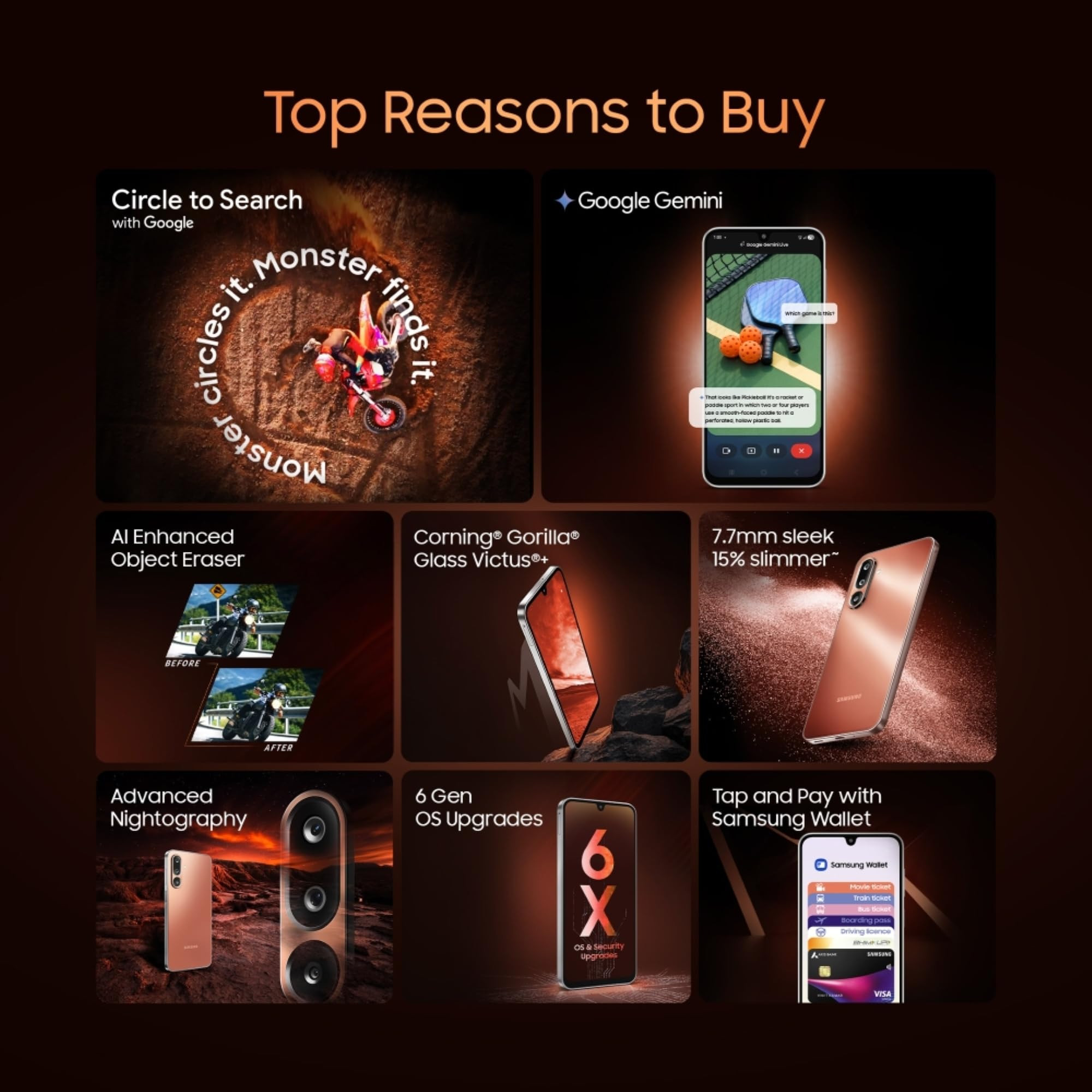 Samsung Galaxy M36 5G Orange Haze 8 GB RAM 128 GB Storage Circle to Search Google Gemini Corning Gorilla Glass Victus 77mm Slim AI Enhanced 50 MP OIS Triple Camera Unmatched Nightography