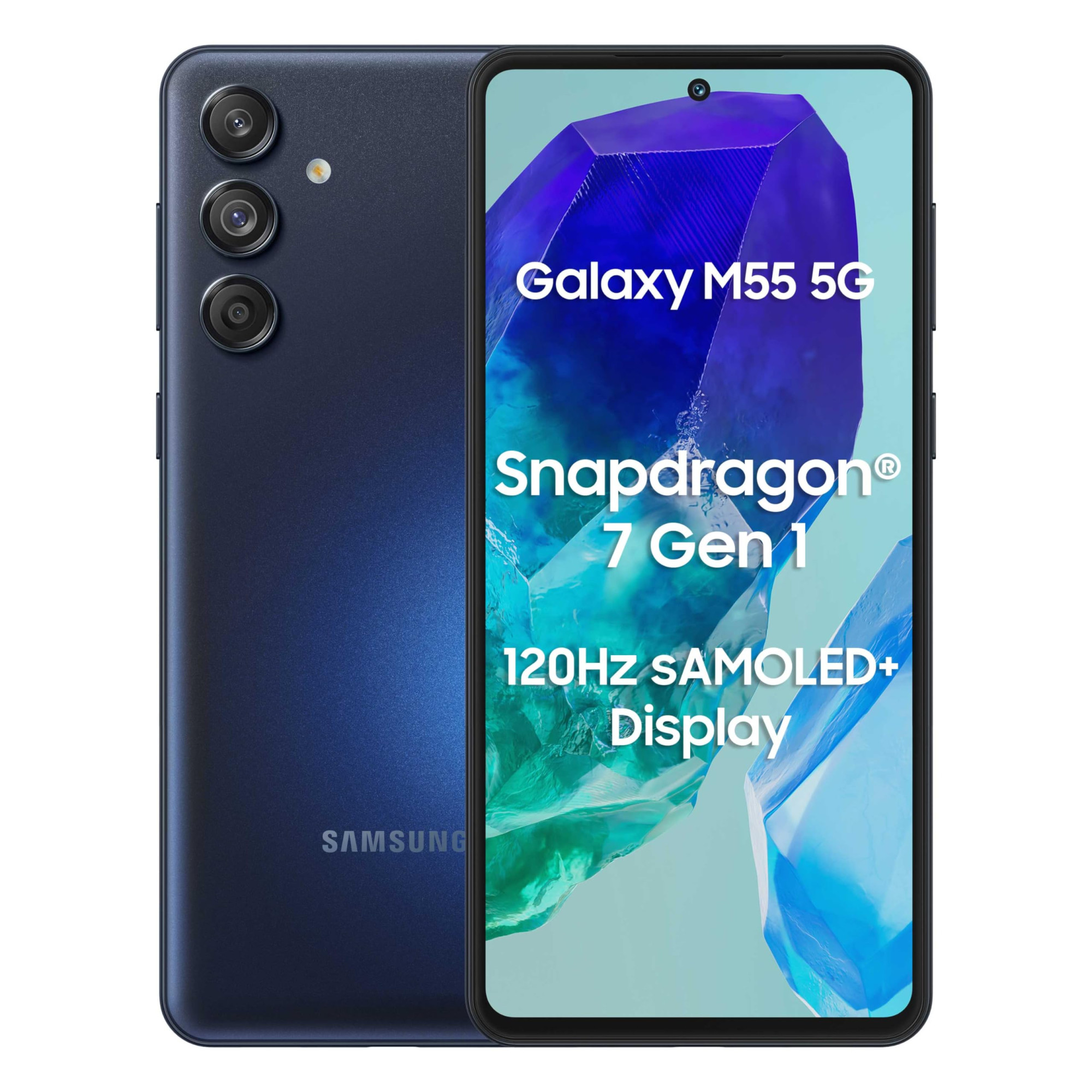 Samsung Galaxy M55 5G Denim Black8GB RAM128GB Storage  50MP Triple Cam 5000mAh Battery Snapdragon 7 Gen 1  4 Gen OS Upgrade  5 Year Security Update Super AMOLED Display Without Charger