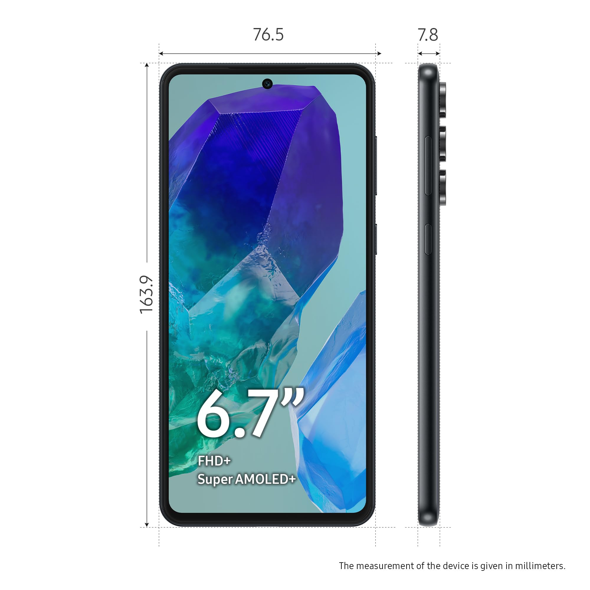 Samsung Galaxy M55 5G Denim Black8GB RAM256GB Storage  50MP Triple Cam 5000mAh Battery Snapdragon 7 Gen 1  4 Gen OS Upgrade  5 Year Security Update Super AMOLED Display Without Charger