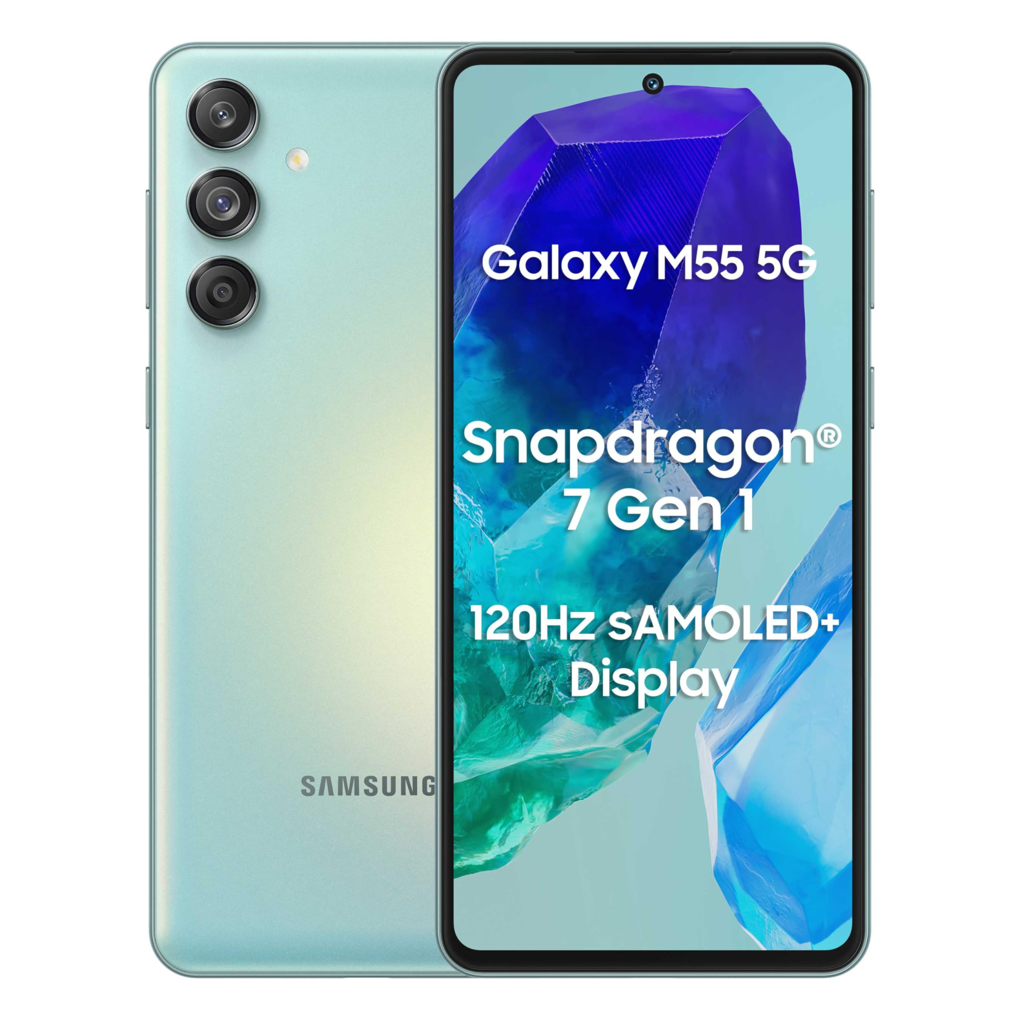 Samsung Galaxy M55 5G Light Green12GB RAM256GB Storage  50MP Triple Cam 5000mAh Battery Snapdragon 7 Gen 1  4 Gen OS Upgrade  5 Year Security Update Super AMOLED Display Without Charger