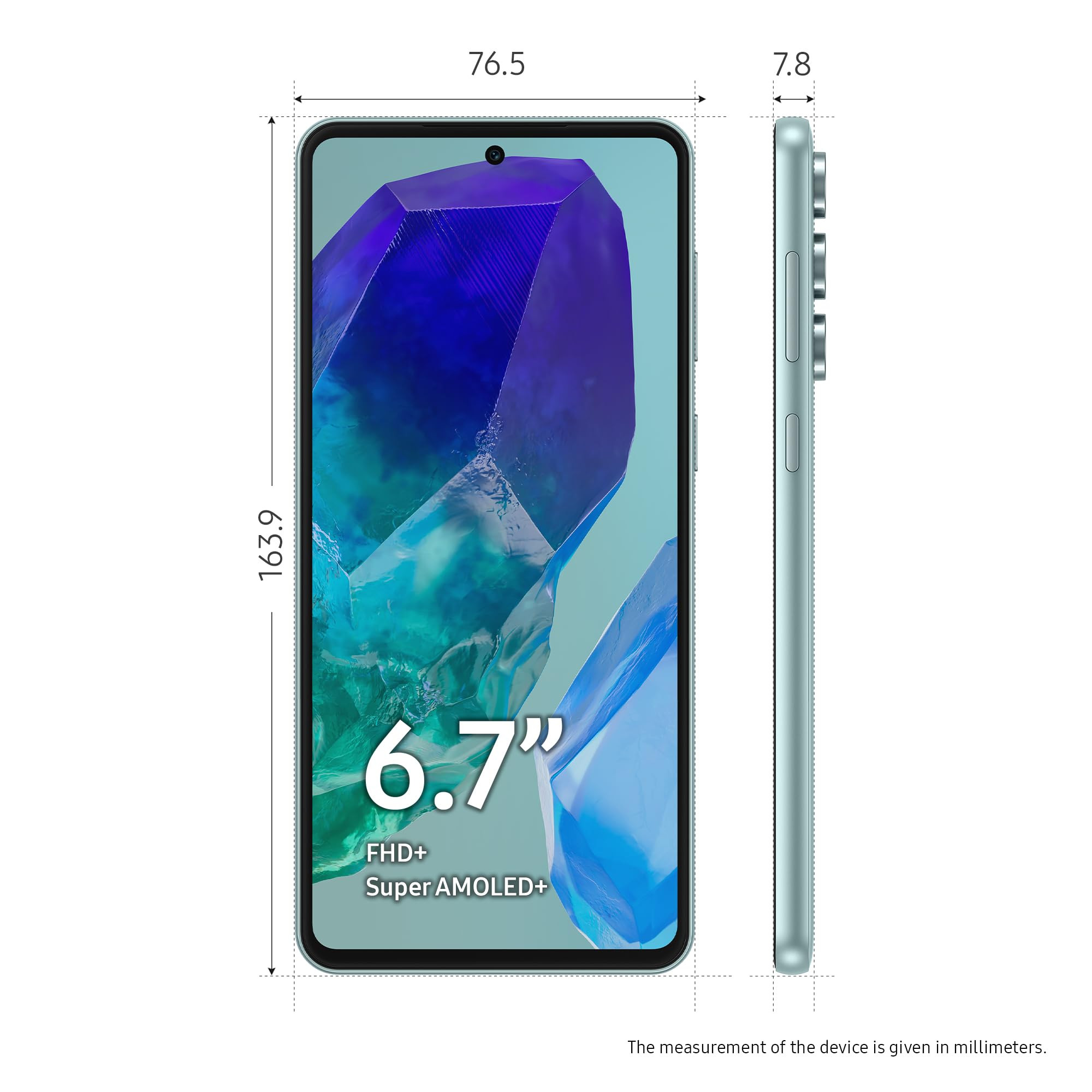 Samsung Galaxy M55 5G Light Green12GB RAM256GB Storage  50MP Triple Cam 5000mAh Battery Snapdragon 7 Gen 1  4 Gen OS Upgrade  5 Year Security Update Super AMOLED Display Without Charger