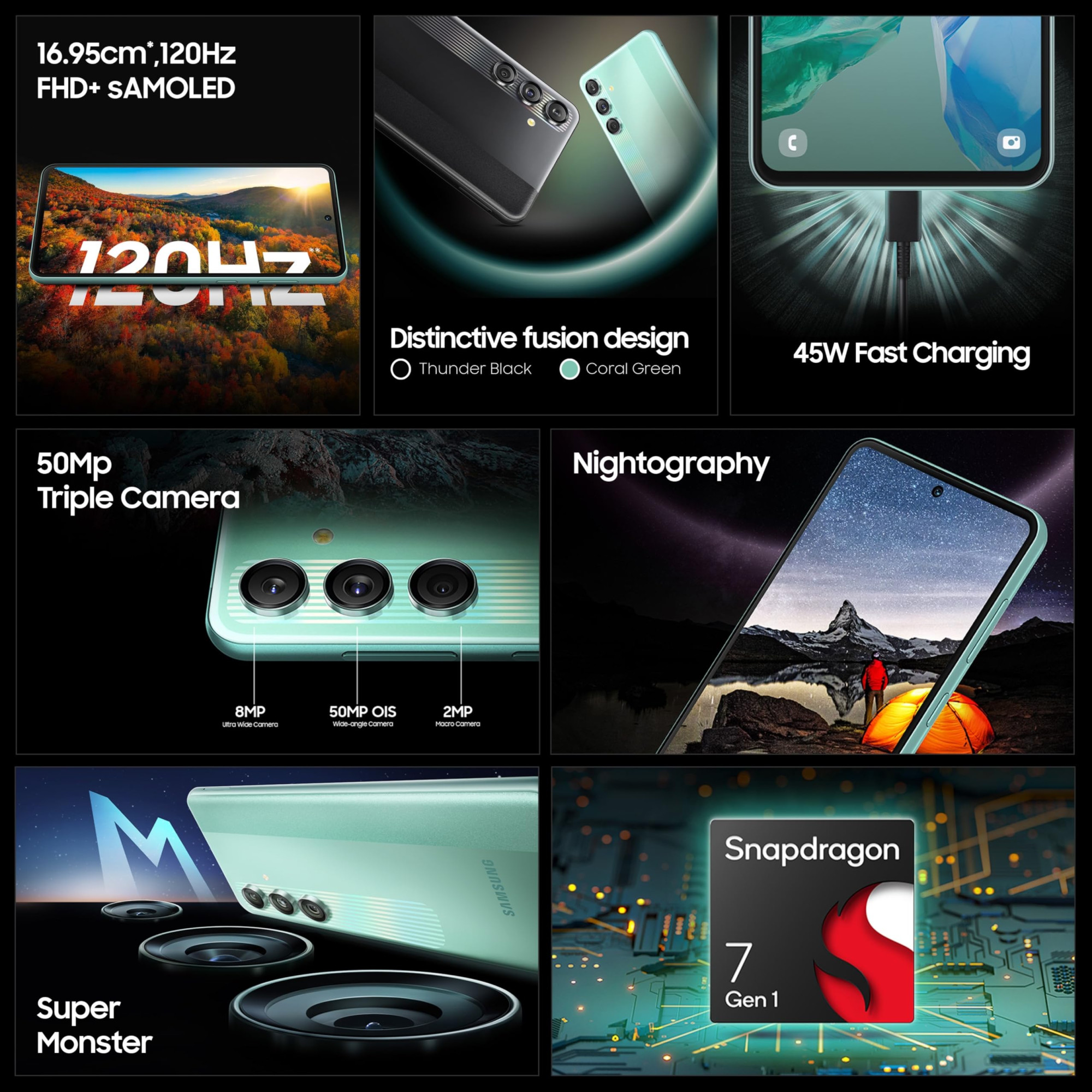 Samsung Galaxy M55s 5G Thunder Black8GB RAM128GB Storage  50MP Triple Cam 5000mAh Battery Snapdragon 7 Gen 1  4 Gen OS Upgrade  5 Year Security Update Super AMOLED Display Without Charger