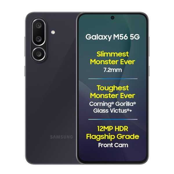 Image of Samsung Galaxy M56 5G Mobile (Black, 8GB RAM, 128GB Storage)| Segment Slimmest | Gorilla Glass Victus+ | 10 Bit HDR Video | 50MP Camera | AI | Vapour Cooling Chamber | Lag-free Gaming| Without Charger
