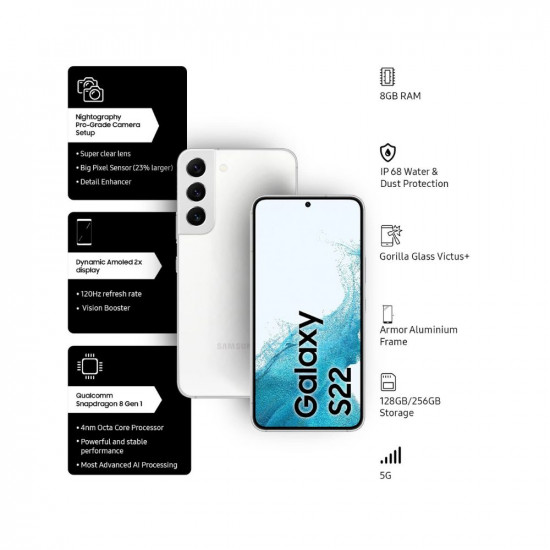 Samsung Galaxy S22 5G (Phantom White, 8GB RAM, 128GB Storage)