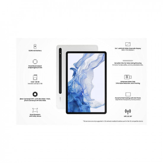 Samsung Galaxy Tab S8+ 31.49 cm (12.4 inch) sAMOLED Display, RAM 8 GB, ROM 128 GB Expandable, S Pen in-Box, Wi-Fi+ 5G Tablet, Silver