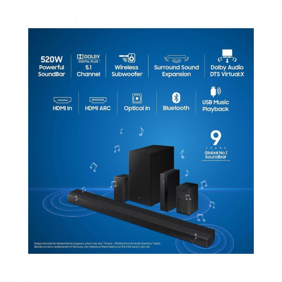 Samsung Soundbar (HW-B67E/XL) 5.1 Channel, Wireless Subwoofer, 1x Wireless Rear Speaker, 1x Center Speaker and Energy Star, Dolby 5.1ch & DTS Virtual X Experience Sound (Black)