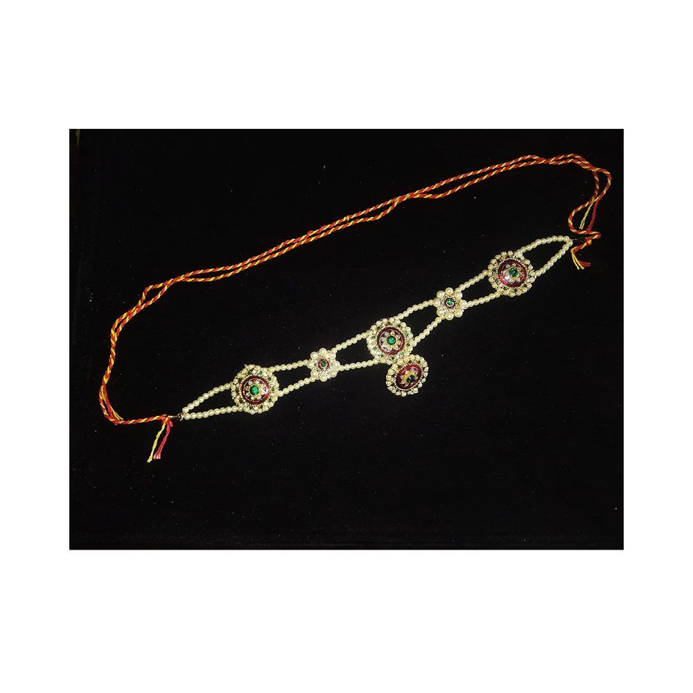 Sanjog Embellished Green and White Stone Rajputi Rajasthani Borla sheeshphool Matha Patti for Women Girls