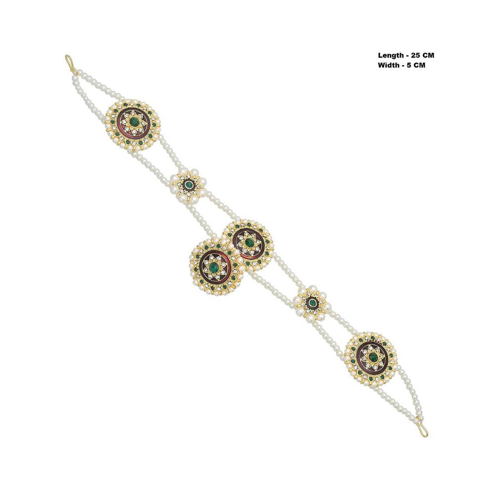 Sanjog Embellished Green and White Stone Rajputi Rajasthani Borla sheeshphool Matha Patti for Women Girls