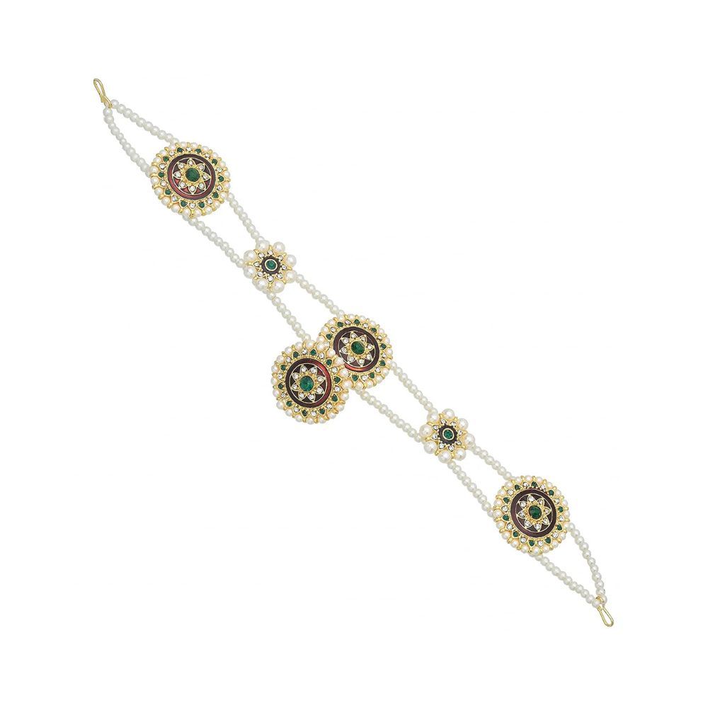 Sanjog Embellished Green and White Stone Rajputi Rajasthani Borla sheeshphool Matha Patti for Women Girls