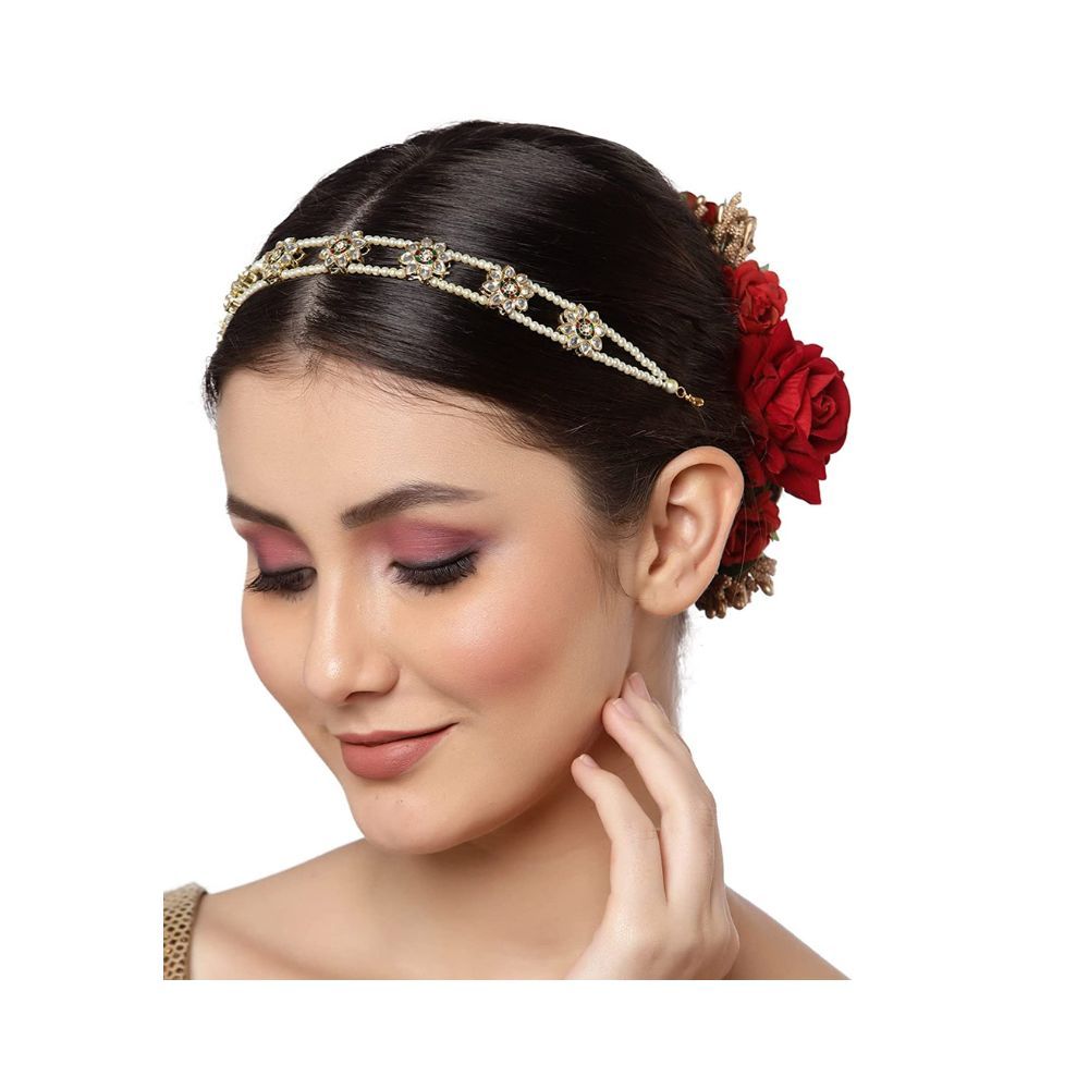 Sanjog Embellished Stone Rajputi Rajasthani Borla sheeshphool Matha Patti for Women/Girls