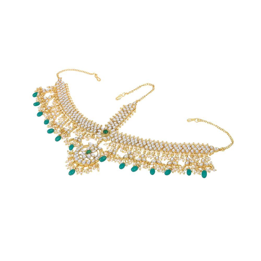 Sanjog Embellished Wedding Heavy Golden Green Kundan Stone Pearl Premium Matha Patti Maang Tika For Women & Girls (Green)