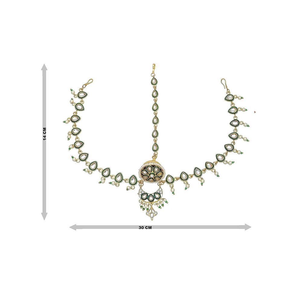 Sanjog Embellished Wedding Heavy Golden Green Kundan Stone Pearl Premium Matha Patti Maang Tika For Women & Girls (Green)