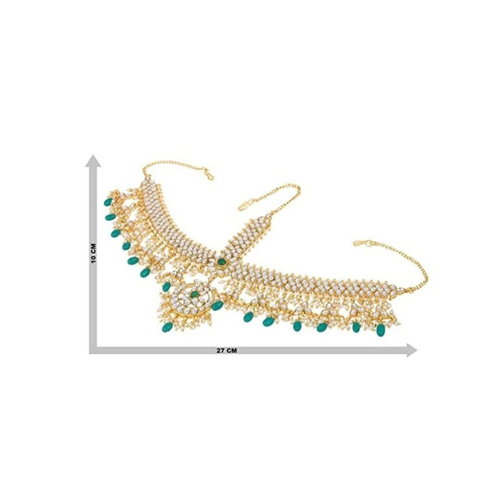 Sanjog Embellished Wedding Heavy Golden Green Kundan Stone Pearl Premium Matha Patti Maang Tika For Women & Girls (Green)